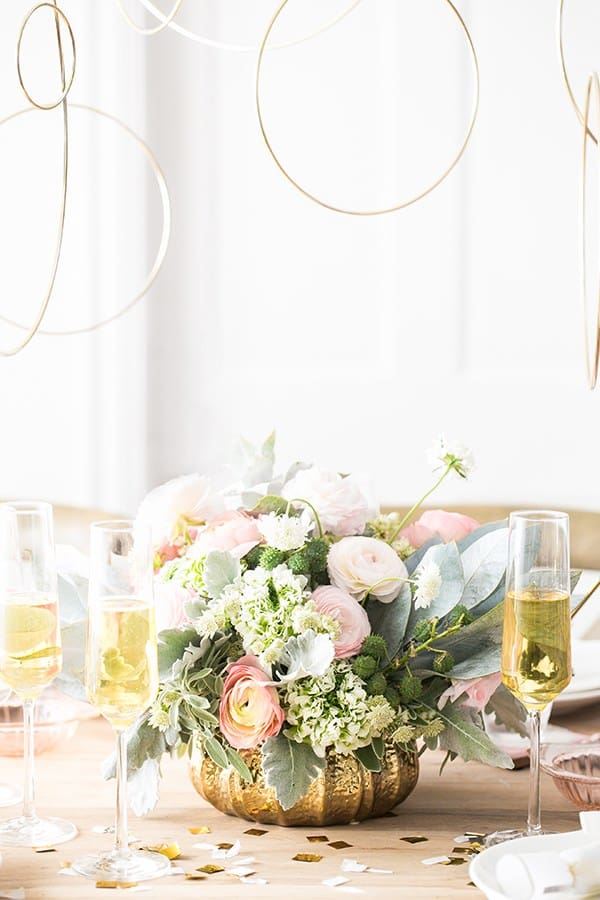 Flowers, Champagne and gold rings 