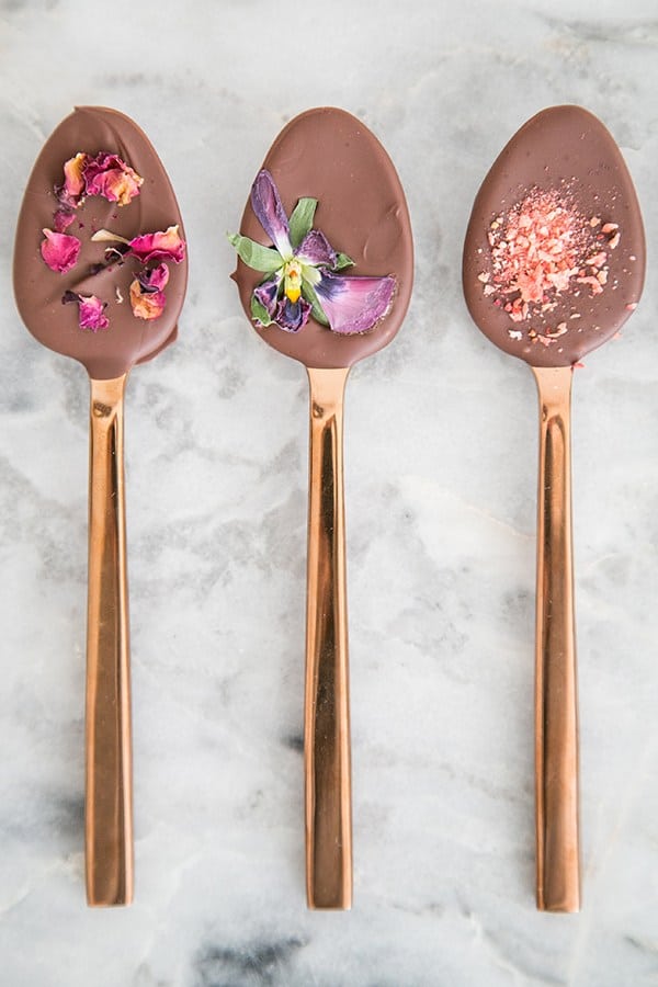 Three chocolate dipped spoons with dried flowers - hot chocolate, melted chocolate, drizzle melted chocolate, plastic spoons, chocolate covered spoons, chocolate melts