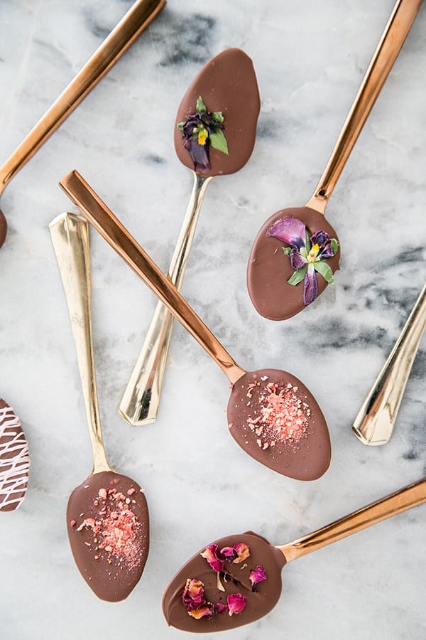 Chocolate dipped copper spoons with flowers. - chocolate covered spoons, chocolate chips, milk chocolate chips, rich chocolate flavor, chocolate sprinkles