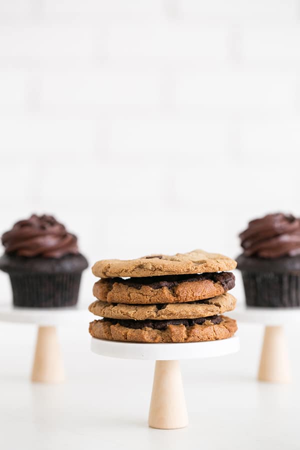 Mini marble cake stand with chocolate chip cookies on top - mini cake stand