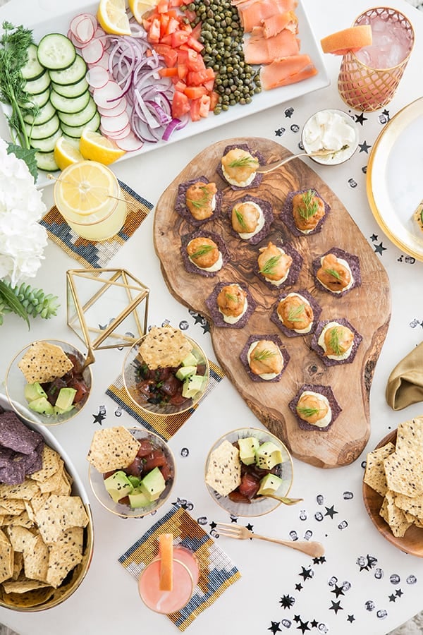 Oscar party appetizers on a table.