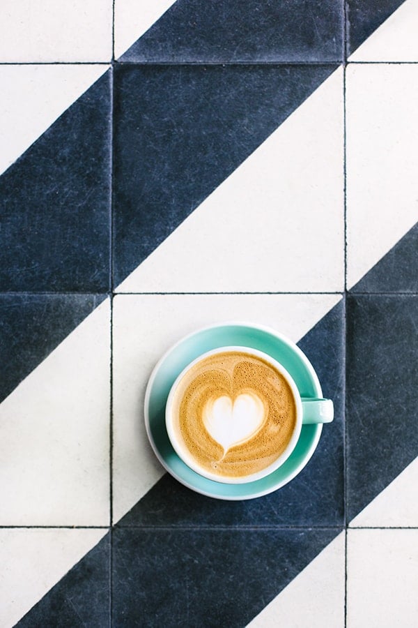 Latte on black and white tile