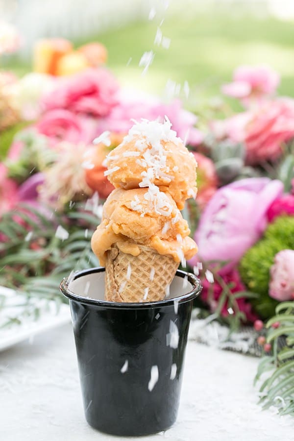 papa ice cream cone with shredded coconut on top.