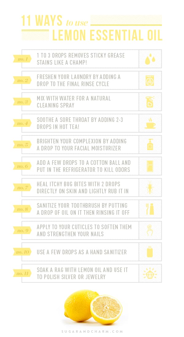 Graphic with 11 ways you can use lemon essential oil