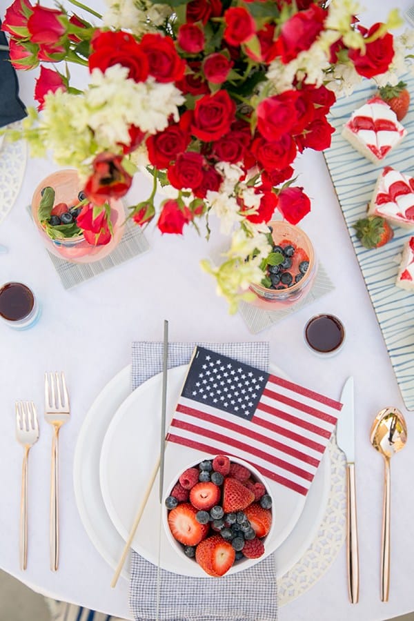 Patriotic tablescape for 4th of July with American flag decor and red, white and blue. Sugar and Charm.