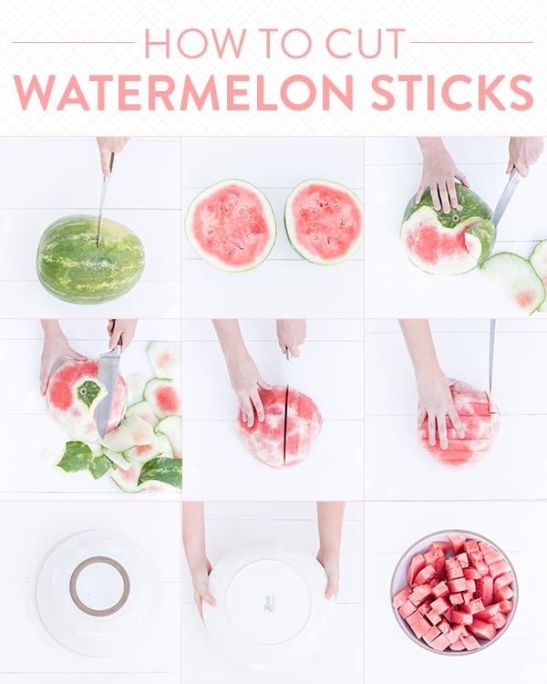 pictures showing steps for how to cut watermelon sticks