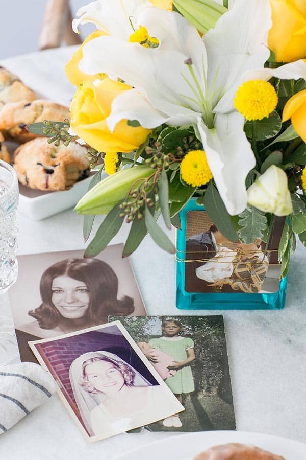 Flowers with photos of mom.