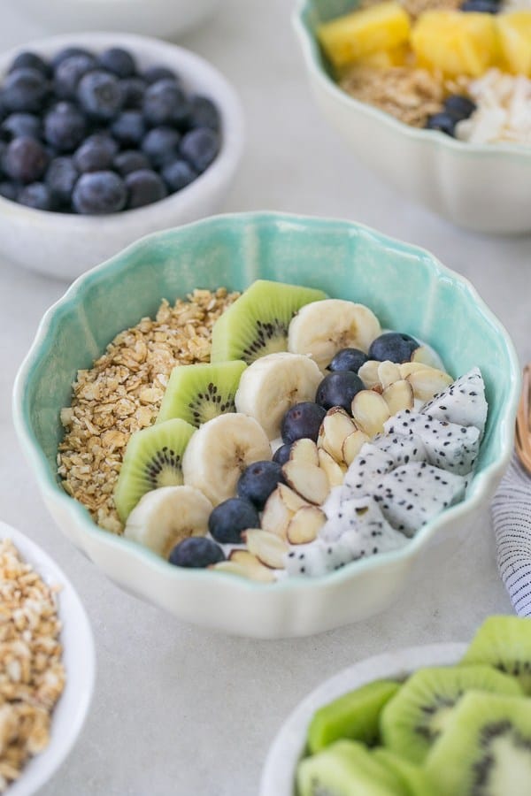 Blue bowl filled with yogurt and rows of fresh fruit.