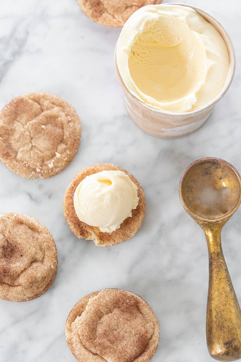 Scoops of vanilla ice cream on snickerdoodle cookies. 