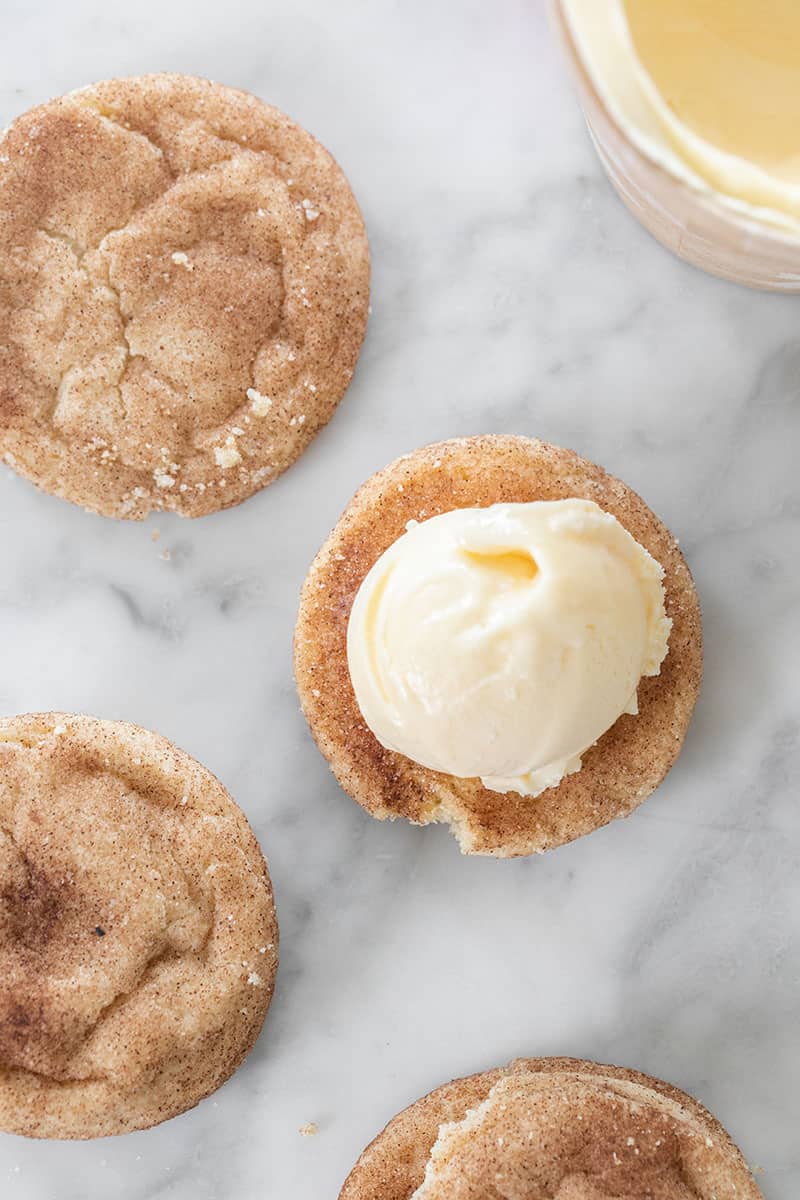 Scoop of ice cream on snickerdoodle cookies. 