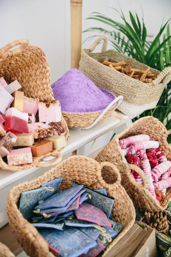 Spices and soaps in baskets.