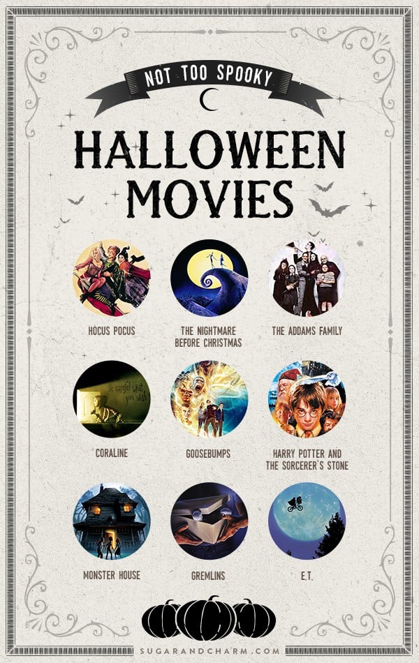 A graphic with photos of family friendly Halloween movies. 