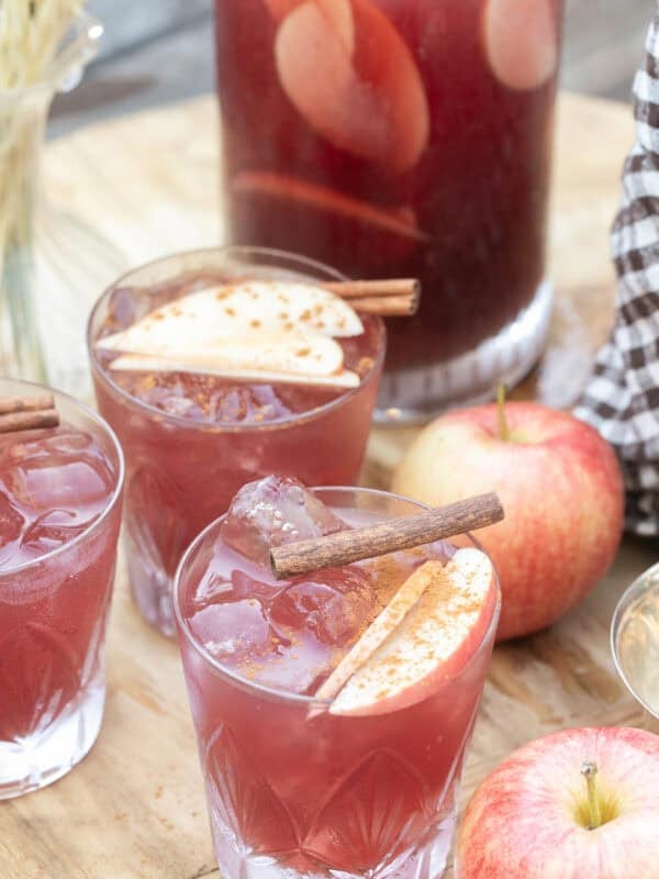 Fall sangria with red wine, apple cider, and whiskey.