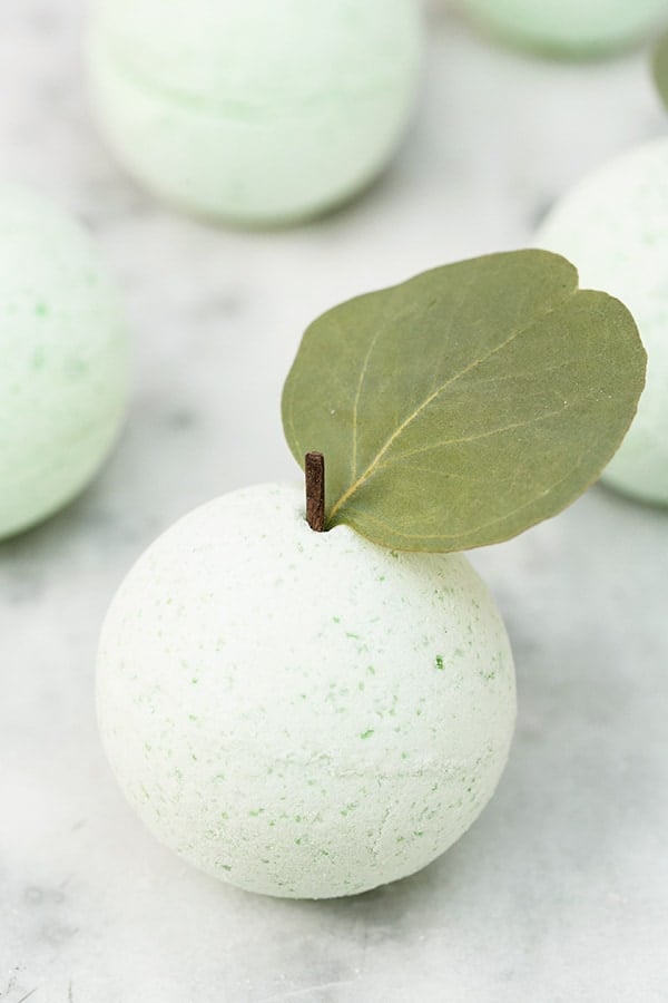 close-up of a green apple bath bomb 