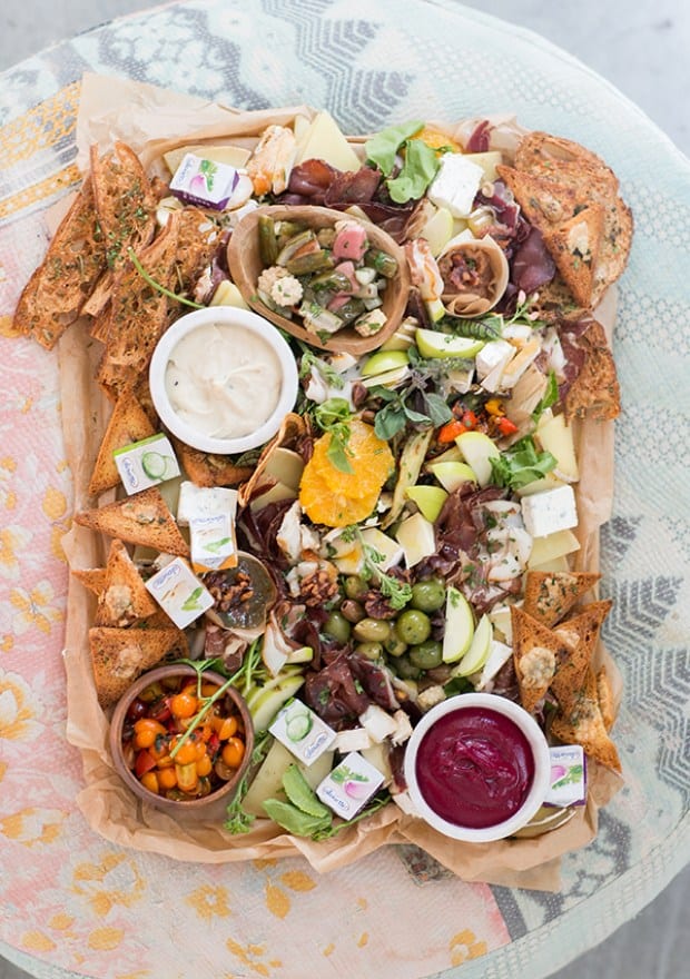 overhead shot of charcuterie platter - charcuterie board