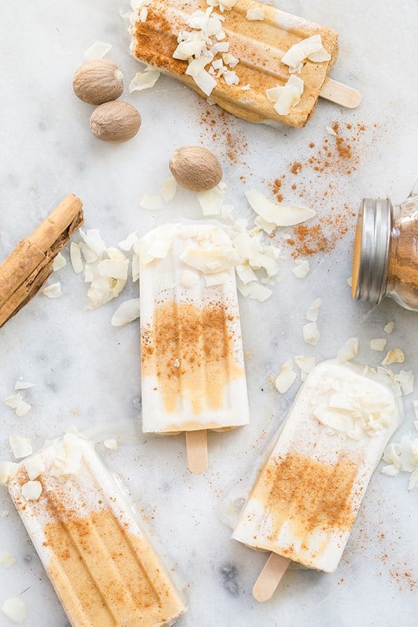 Peach protein popsicles with cinnamon and coconut and nutmeg