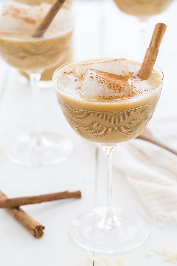 shot of rum horchata in a glass - almond milk, dark rum, vanilla extract
