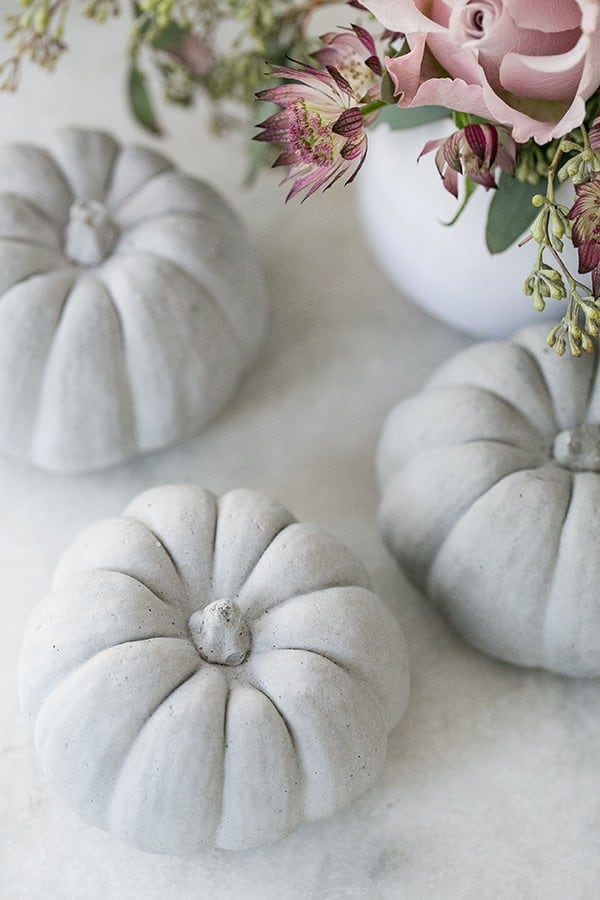 close up of pumpkin decorations on a table - how many pumpkins, pumpkin pail, utility knife