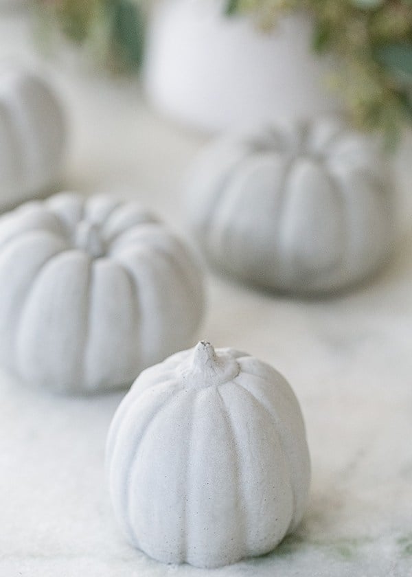 the finished project- diy concrete pumpkins, cement pumpkin