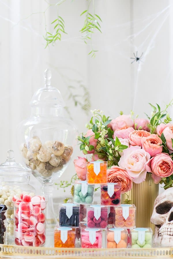 colorful candy on a gold candy cart