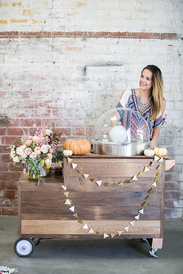 Cotton candy machine and girl making cotton candy - fall baby shower ideas, fall baby shower theme, little pumpkin baby shower, mom to be