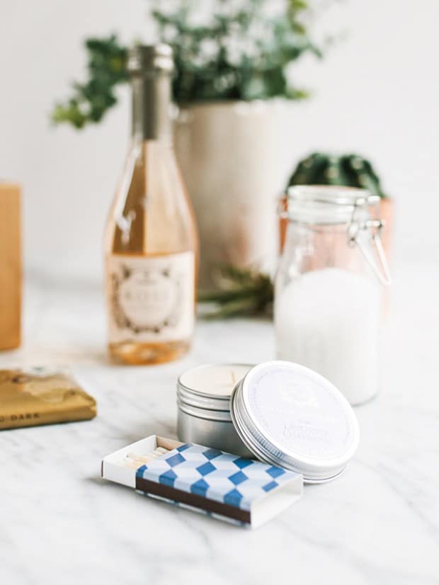 Candles and matches for a bubble bath gift box.