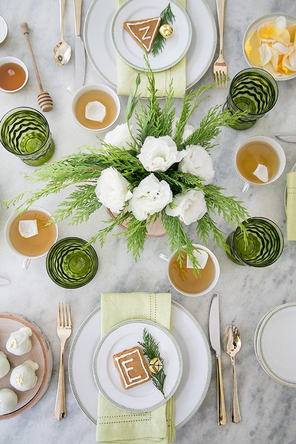 Flowers on a table for Christmas brunch.