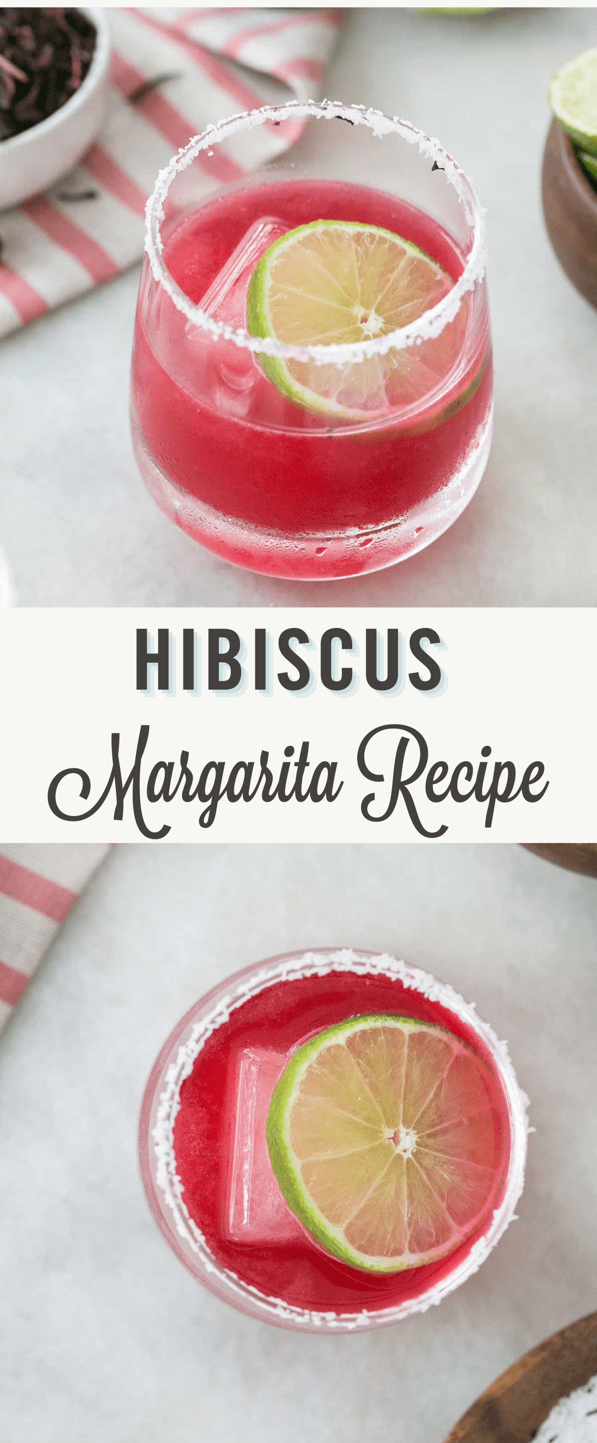Hibiscus margarita with lime slice and a title.