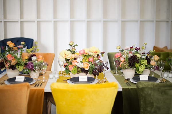 yellow and green chairs with flowers.