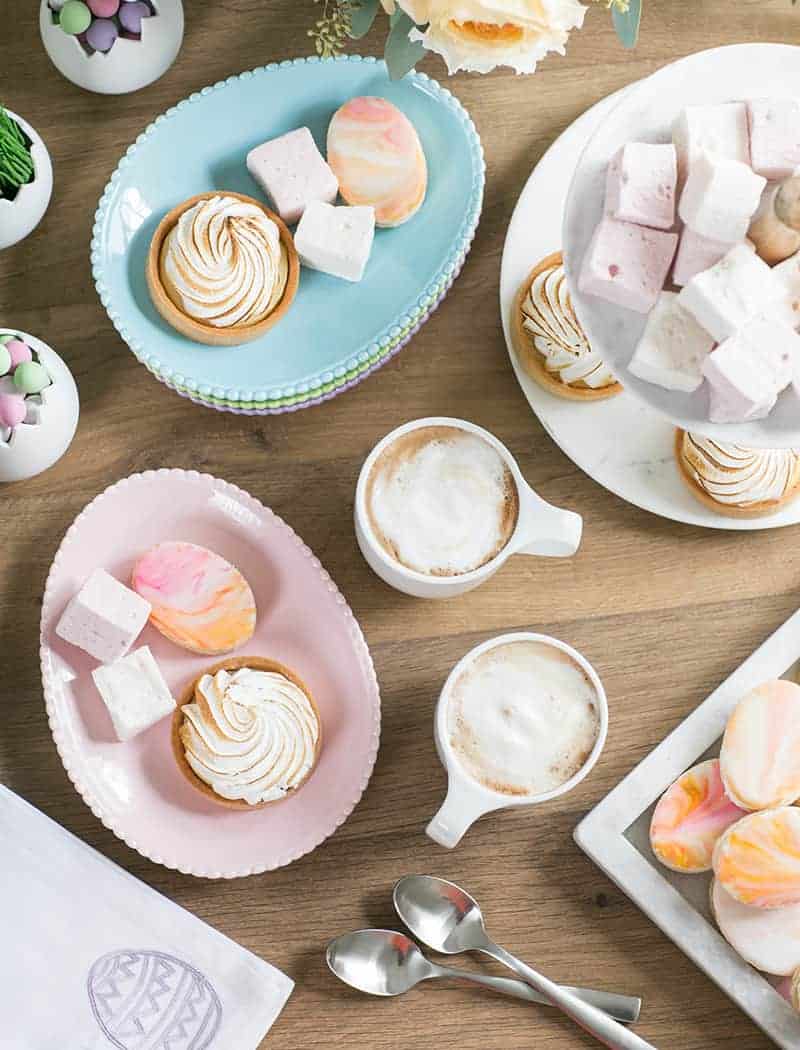 Easter deserts with coffee, cookies, marshmallows.