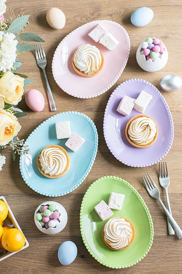 Easter ideas with desserts on egg plates.