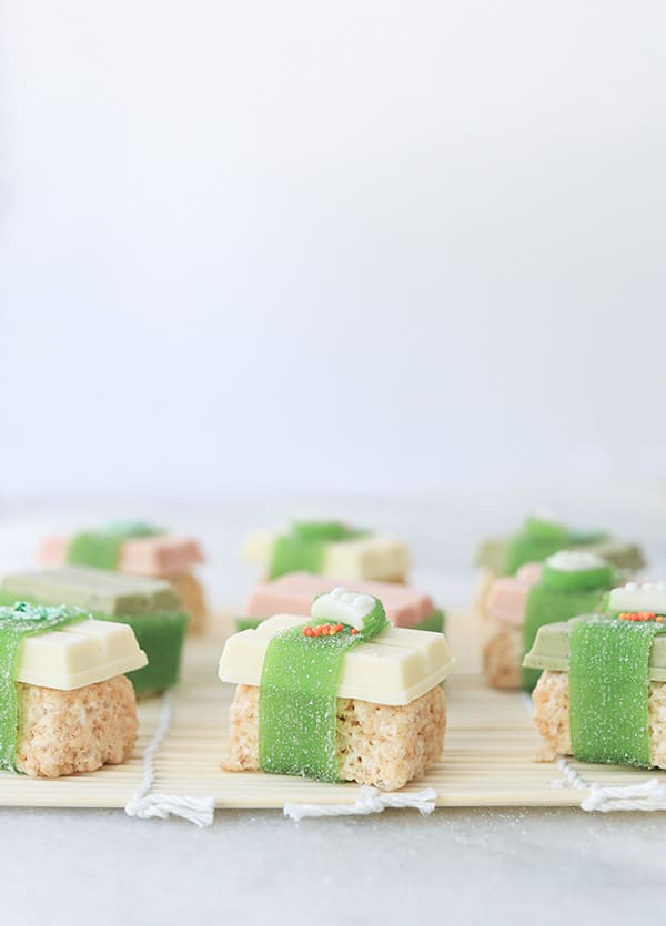 Rice Krispies with kit kats over the top can seaweed to make kit kat sushi