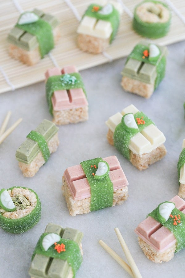 kit kat sushi Candy on a marble platter