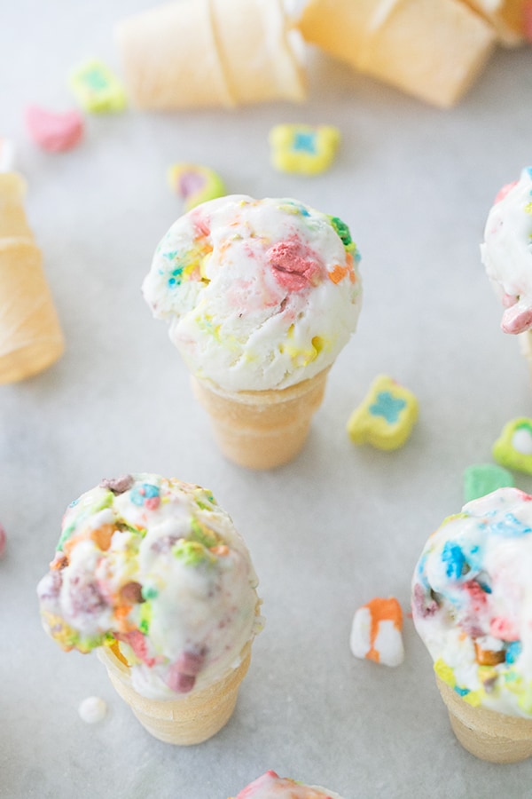 Top down shot of Lucky Charm ice cream in mini cones