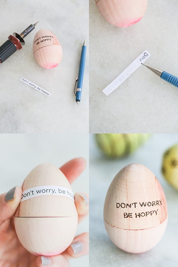 DIY steps for engraving a DIY wooden Easter egg.
