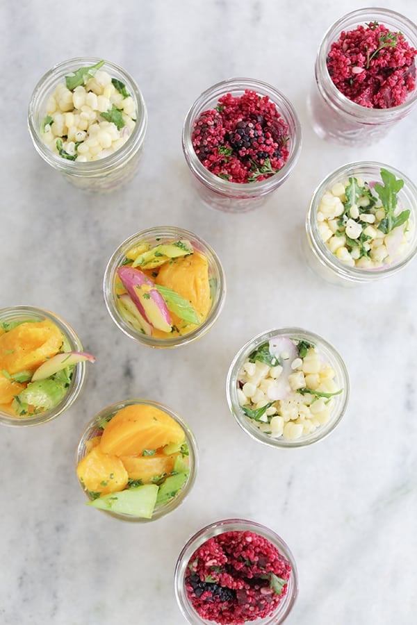 Vegetable salad in mason jars. 