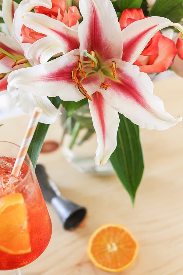 Orange slice, Aperol spritz, bar tools and flowers.