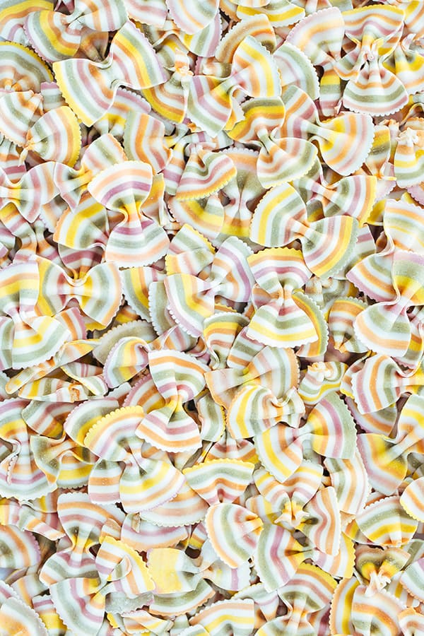 Colorful, striped pasta before cooked.