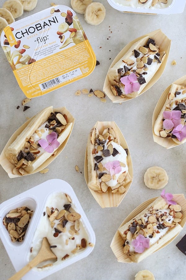 nana splits with toppings and edible flowers