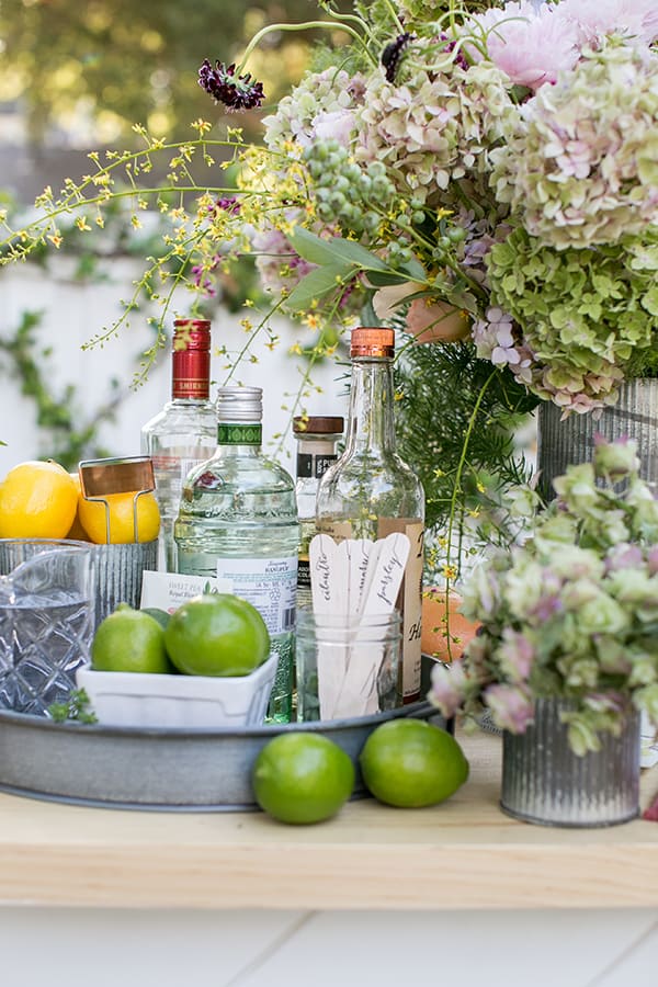 Garden cocktail ingredients, limes, garden sticks, spirits and flowers on an outdoor bar.