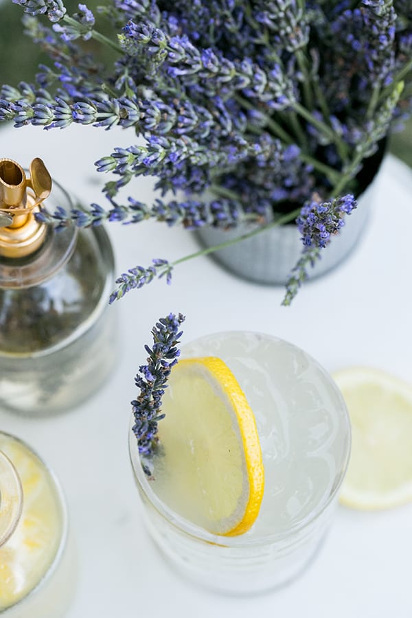 Lavender and lemon cocktail in glass with lemon garnish.