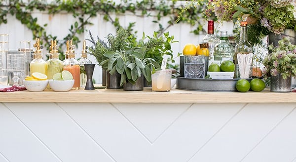 Cocktail Garden Bar with fresh herbs, flowers, cocktails and ingredients to make cocktails. 