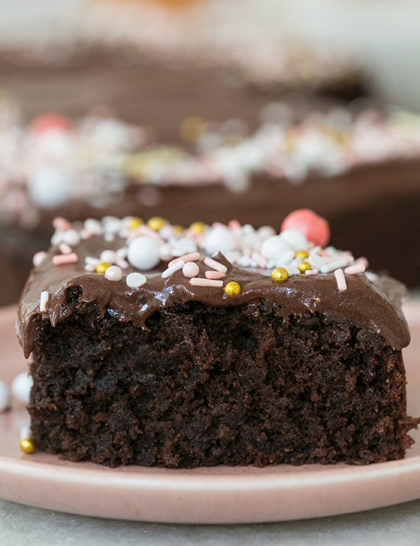 Chocolate Cake with chocolate buttercream frosting and sprinkles. 