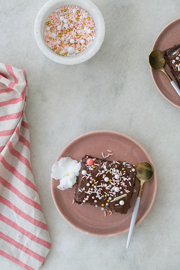 Chocolate Zucchini Cake with chocolate buttercream frosting and sprinkles on a pink plate.