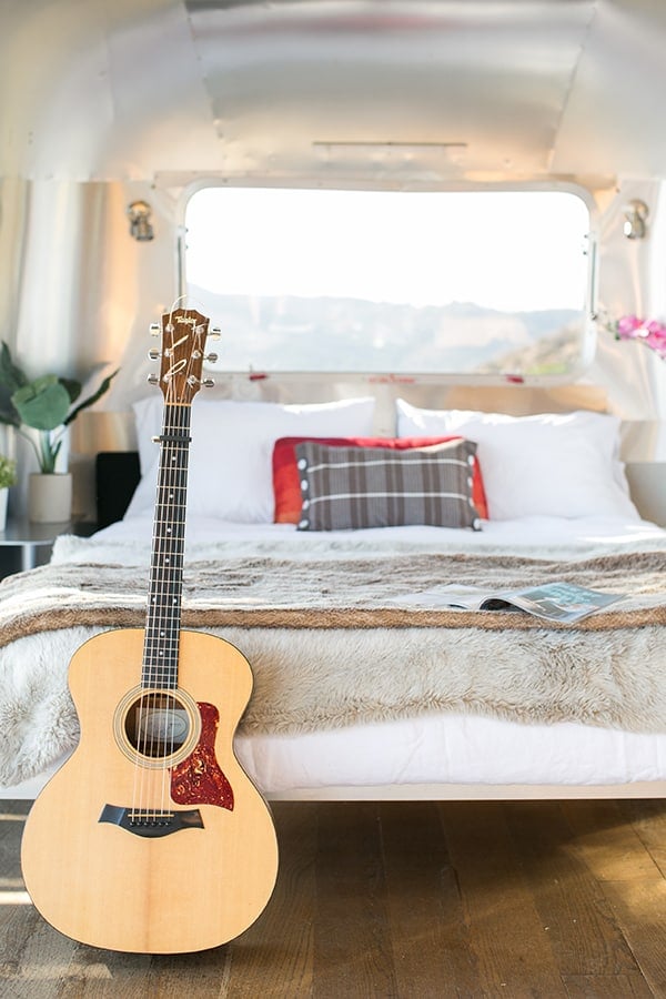 Bed in a converted Airstream. 