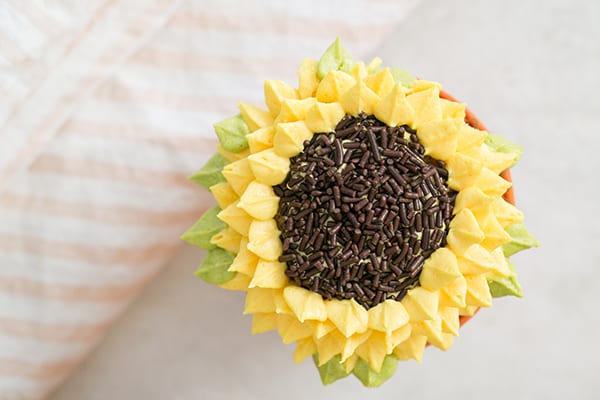 overhead of a Pumpkin Spice Sunflower Cupcakes