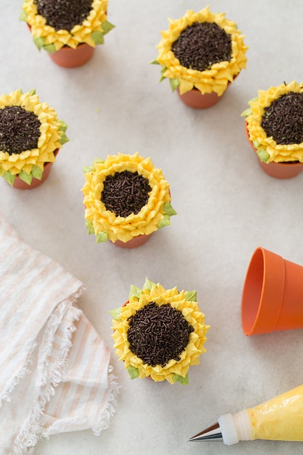 Pumpkin Spice Sunflower Cupcakes on a marble table with a piping bag and a striped pink napkin