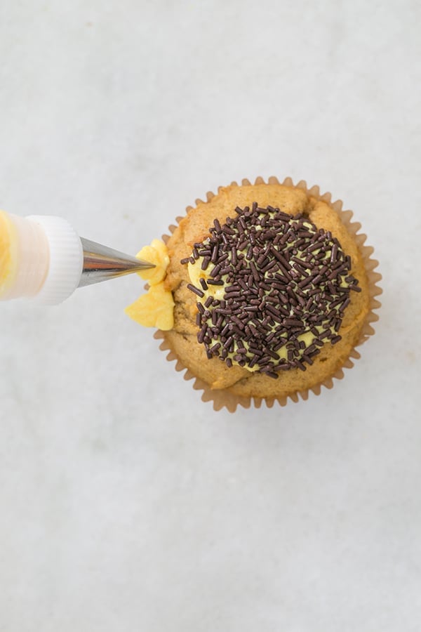 Frosting with a leaf tip on a pumpkin spice cupcake with chocolate sprinkles 