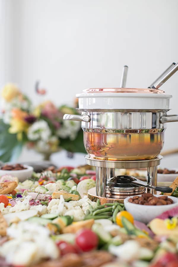 side shot of fall fondue party spread