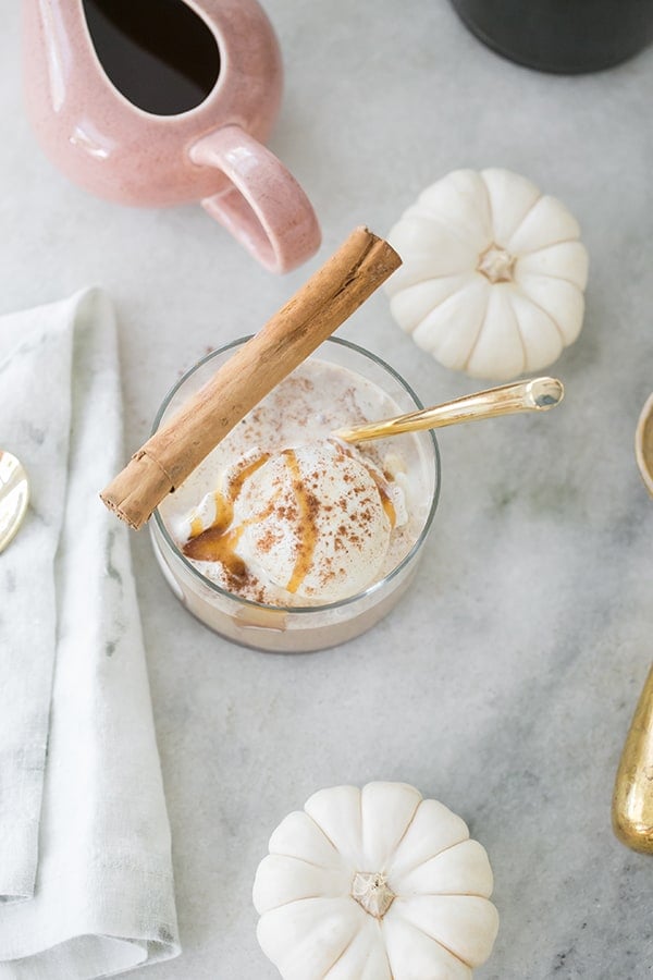 Scoops of ice cream with a cinnamon stick over the top.